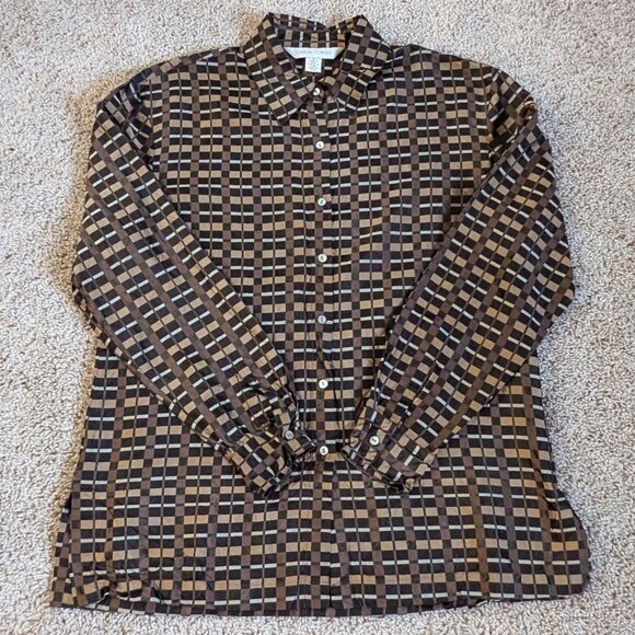Vintage Tops - Vintage Blouse Womens 8 Brown Geometric 100% Silk Button Down 00s Office Career